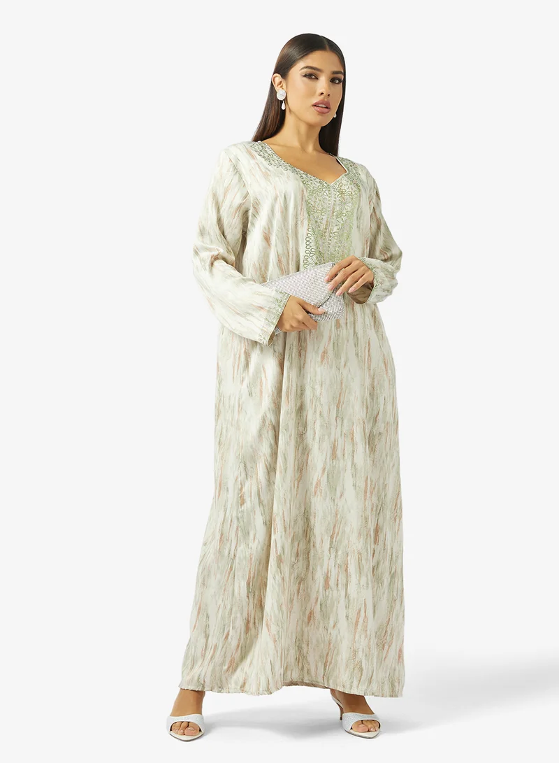 hayas closet Floral Embroidery & Stonework And Belt Jalabiya